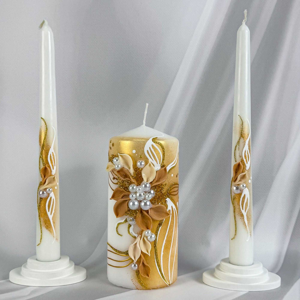 Magik Life Unity Candle Set with golden floral and pearl accents for elegant weddings