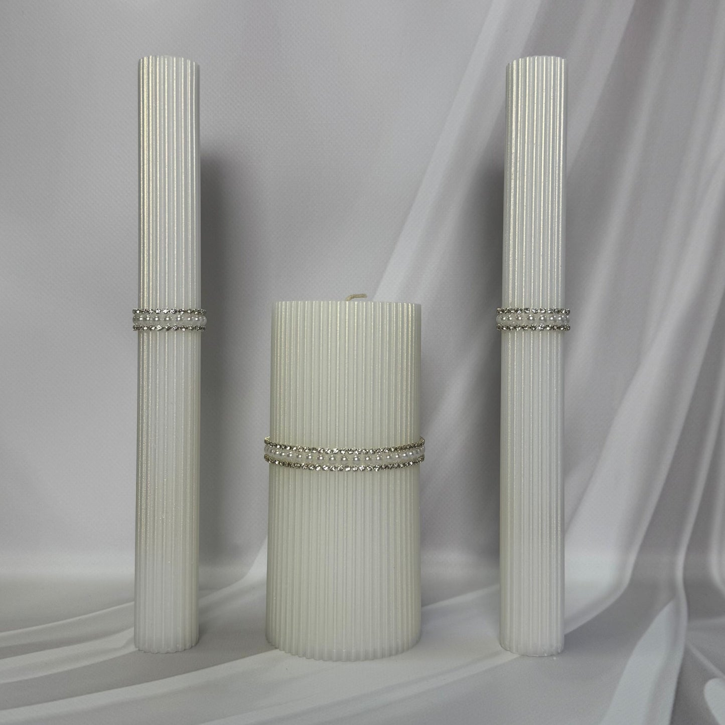 Crystal Elegance Magik Life Unity Candle Set with ribbed texture and crystal pearl bands for weddings