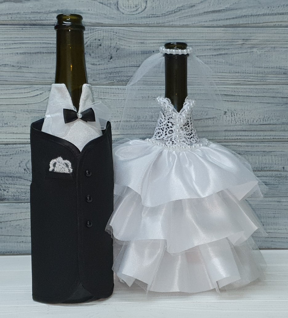 Magik Life Bride and Groom Wine Bottle Covers - Wine bottle dress - up for Weddings - Bachelorette and Engagement Party - Wedding Gifts For the Couple - Fun Wine Bottle Covers - Wedding Centerpieces Decorations - Wine décor and Accessories - Magik Life