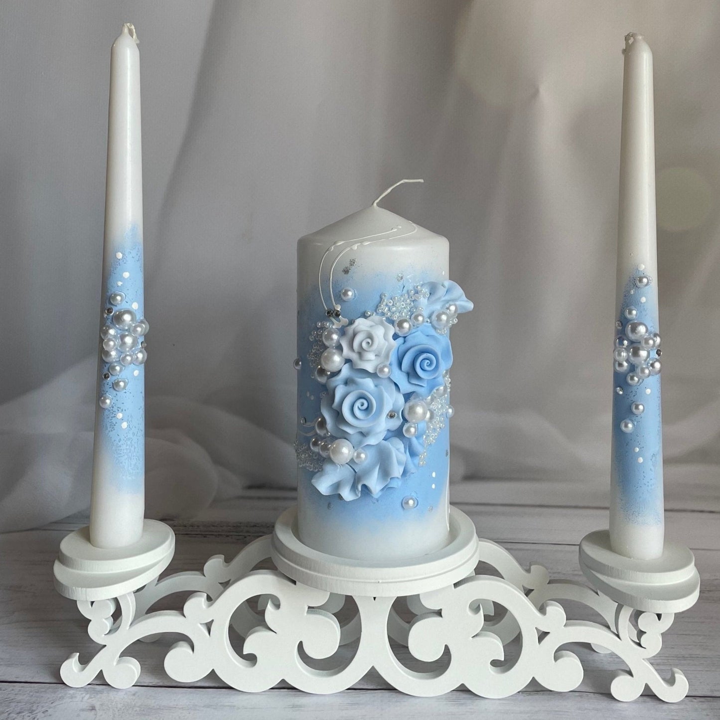 Sky Blue Wedding Candle Set with white taper holders and handcrafted candles