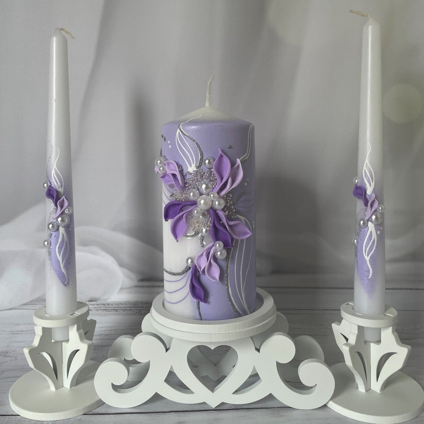 Lavender Blossom Wedding Candle Set with white wooden taper holders and lavender floral design