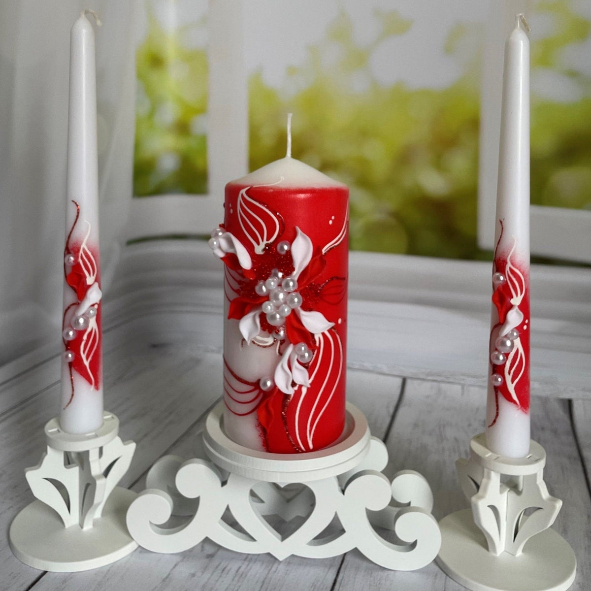 Ruby Passion Wedding Candle Set with ruby red and white candles for wedding ceremonies
