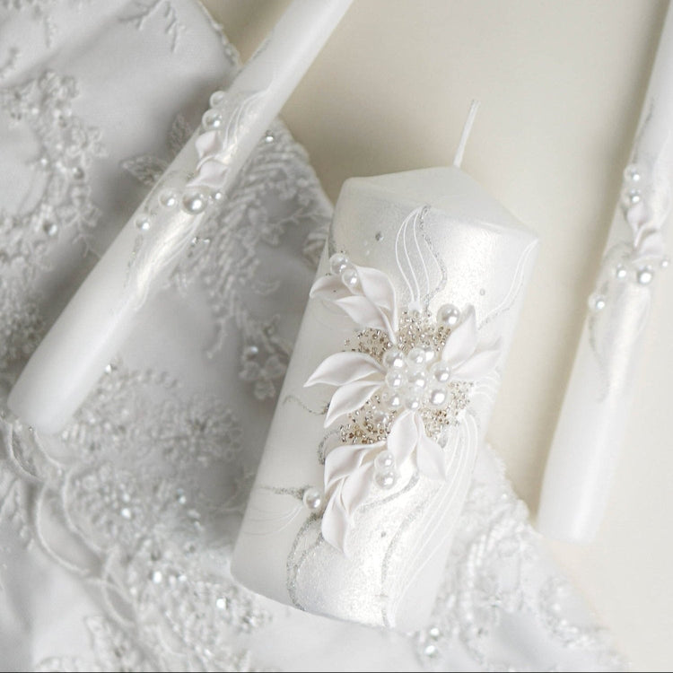 Unity Candle Set with Decorative Ribbon and Pearls