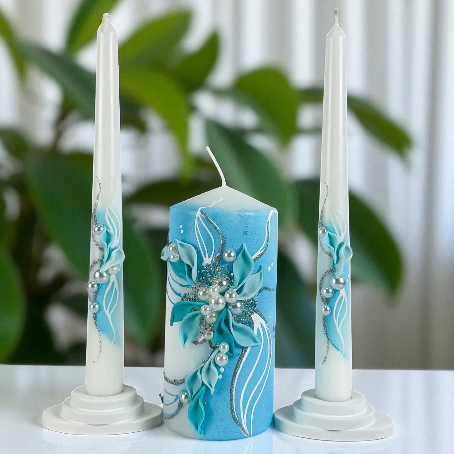 Magik Life Unity Candle Set for Wedding Ceremony – Elegant & Meaningful- White |Turquoise