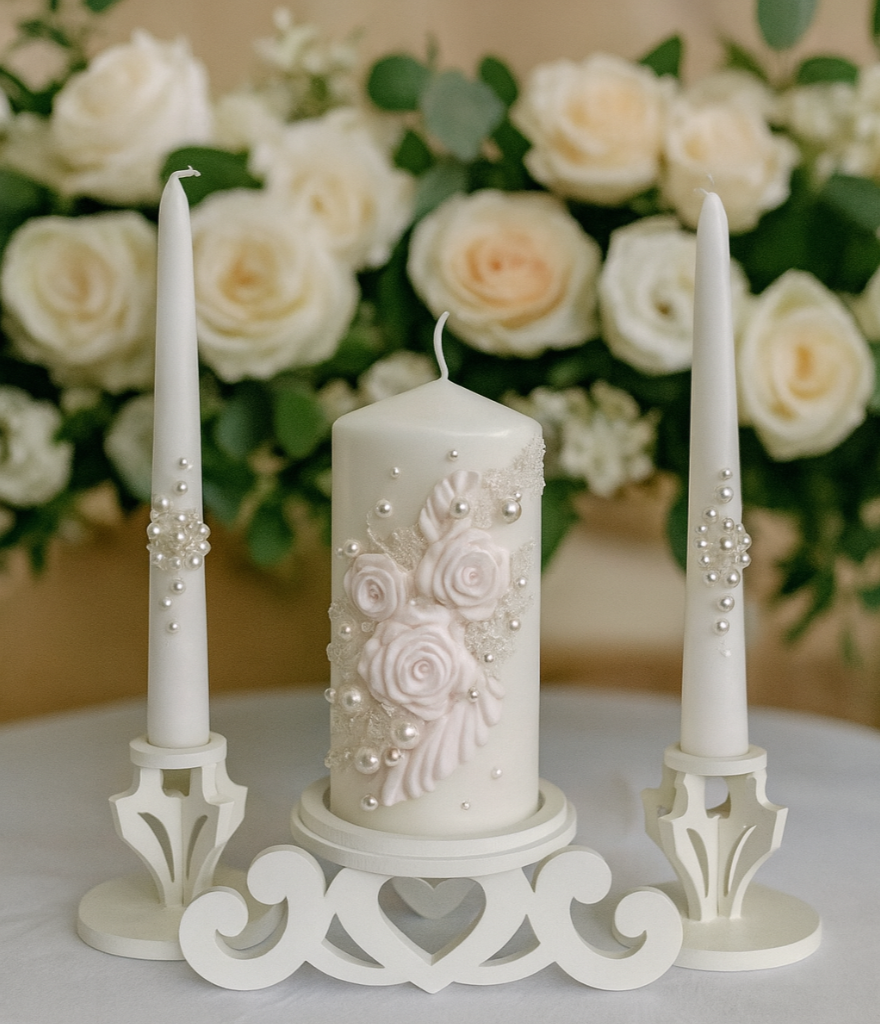 Decorative candle set with floral and pearl details on a stand, surrounded by white roses.