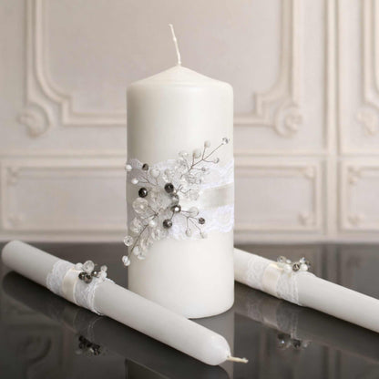 Magik Life Unity Candle Set with one 6-inch pillar candle and two 10-inch white taper candles for wedding ceremony