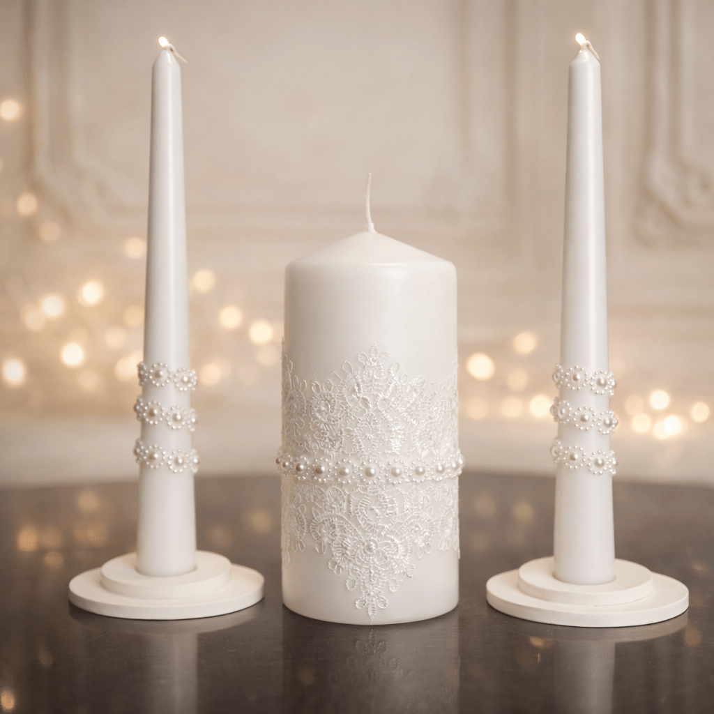 Magik Life Unity Candle Set with one 6-inch pillar candle and two 10-inch taper candles for elegant wedding ceremony symbolizing union