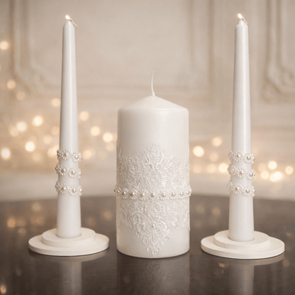 Magik Life Unity Candle Set with one 6-inch pillar candle and two 10-inch taper candles for elegant wedding ceremony symbolizing union