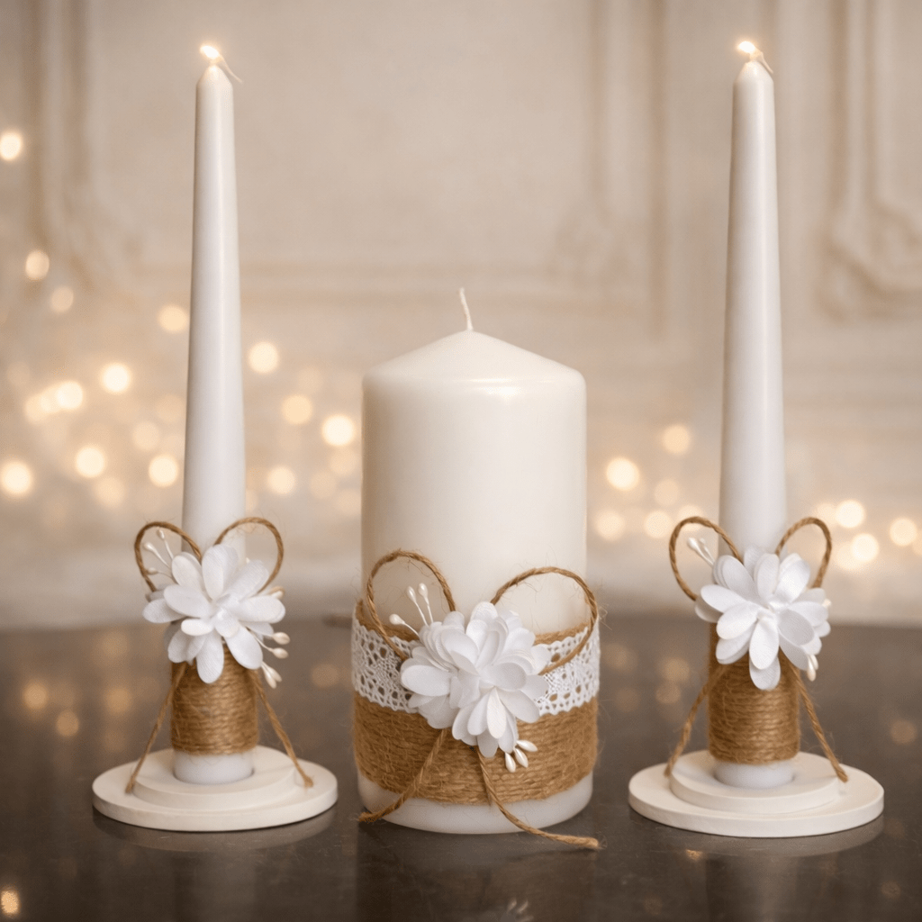 Magik Life Unity Candle Set with one 6-inch pillar and two 10-inch taper candles for wedding ceremony symbolizing unity and love