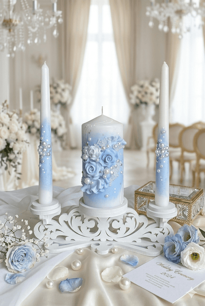 Sky Blue Wedding Candle Set with ivory pillar and taper candles and white wooden holders