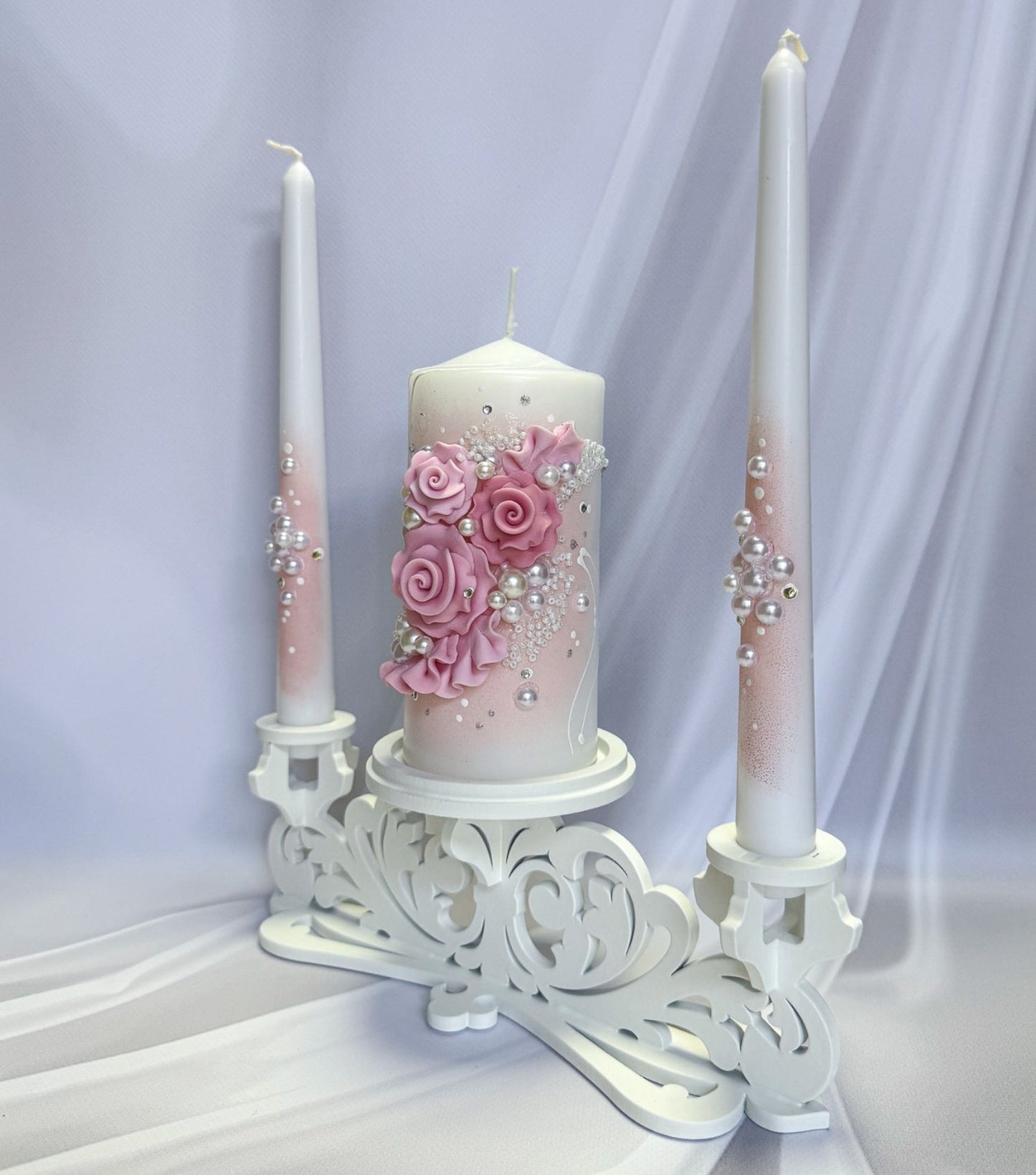 Blush Rose Pearl Wedding Candle Set with handcrafted blush roses, pearl accents, white wooden taper holders, and unscented candles for weddings