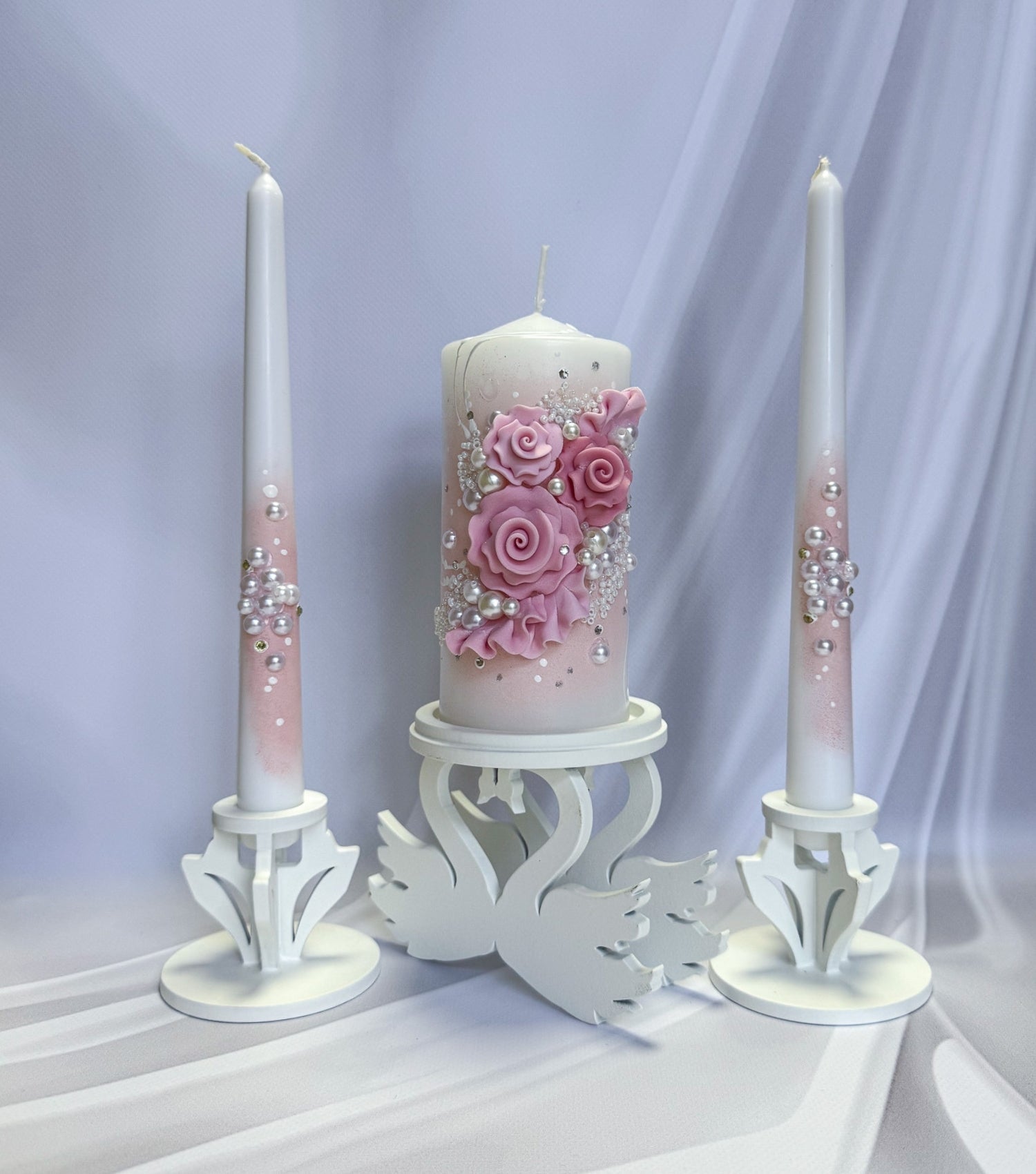 Blush Rose Pearl Wedding Candle Set with handcrafted blush roses, pearl accents, white wooden taper holders, and unscented wax candles for weddings