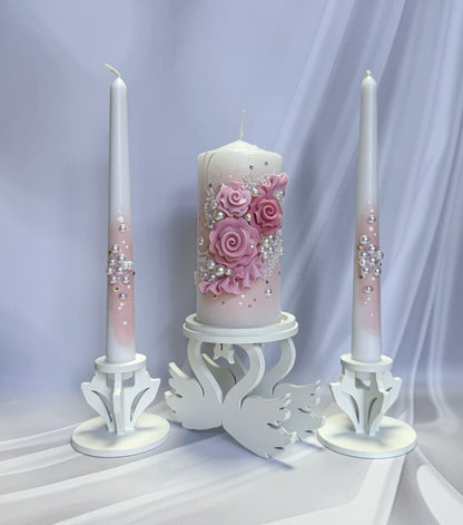 Blush Rose Pearl Wedding Candle Set with handcrafted blush roses, pearl accents, white wooden taper holders, and unscented wax candles for weddings