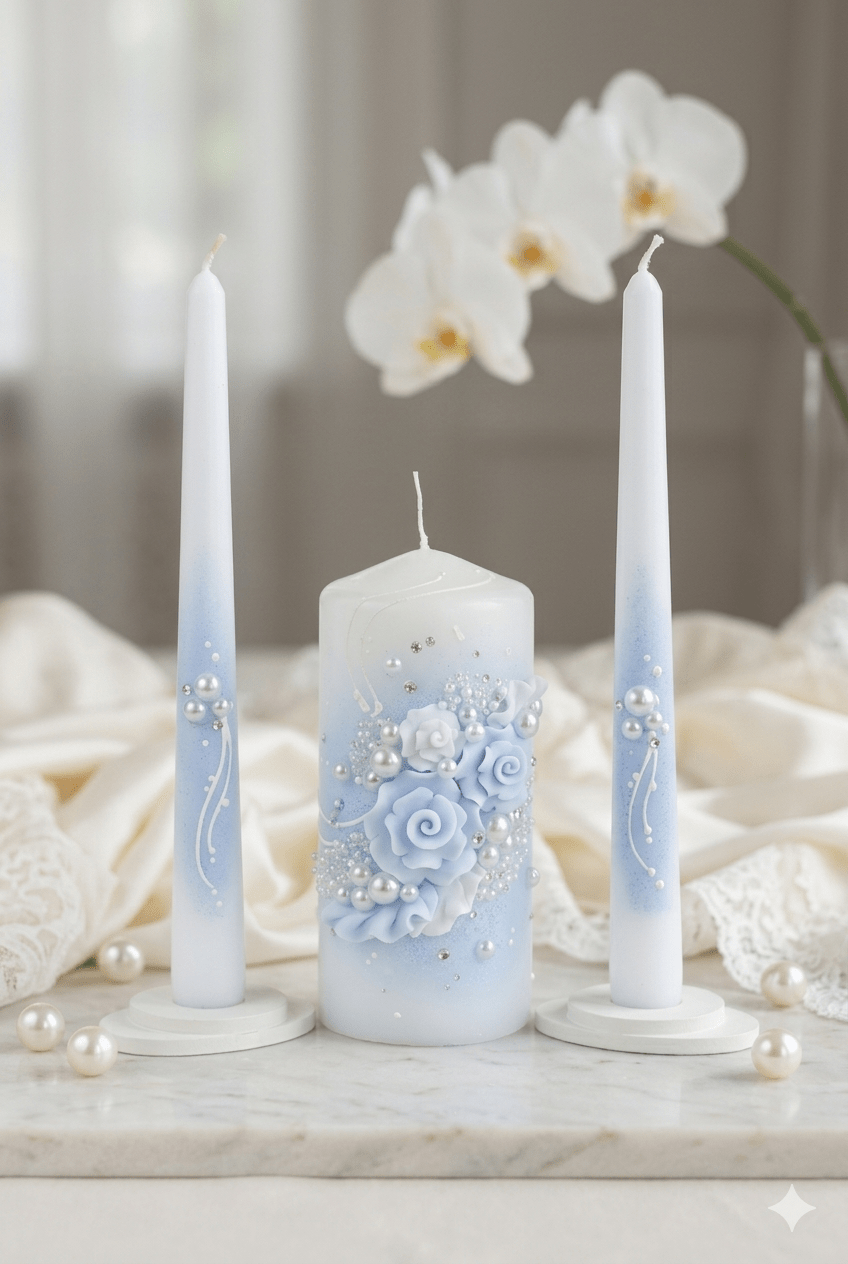 Sky blue wedding unity candle set with white wooden taper holders and ivory candles