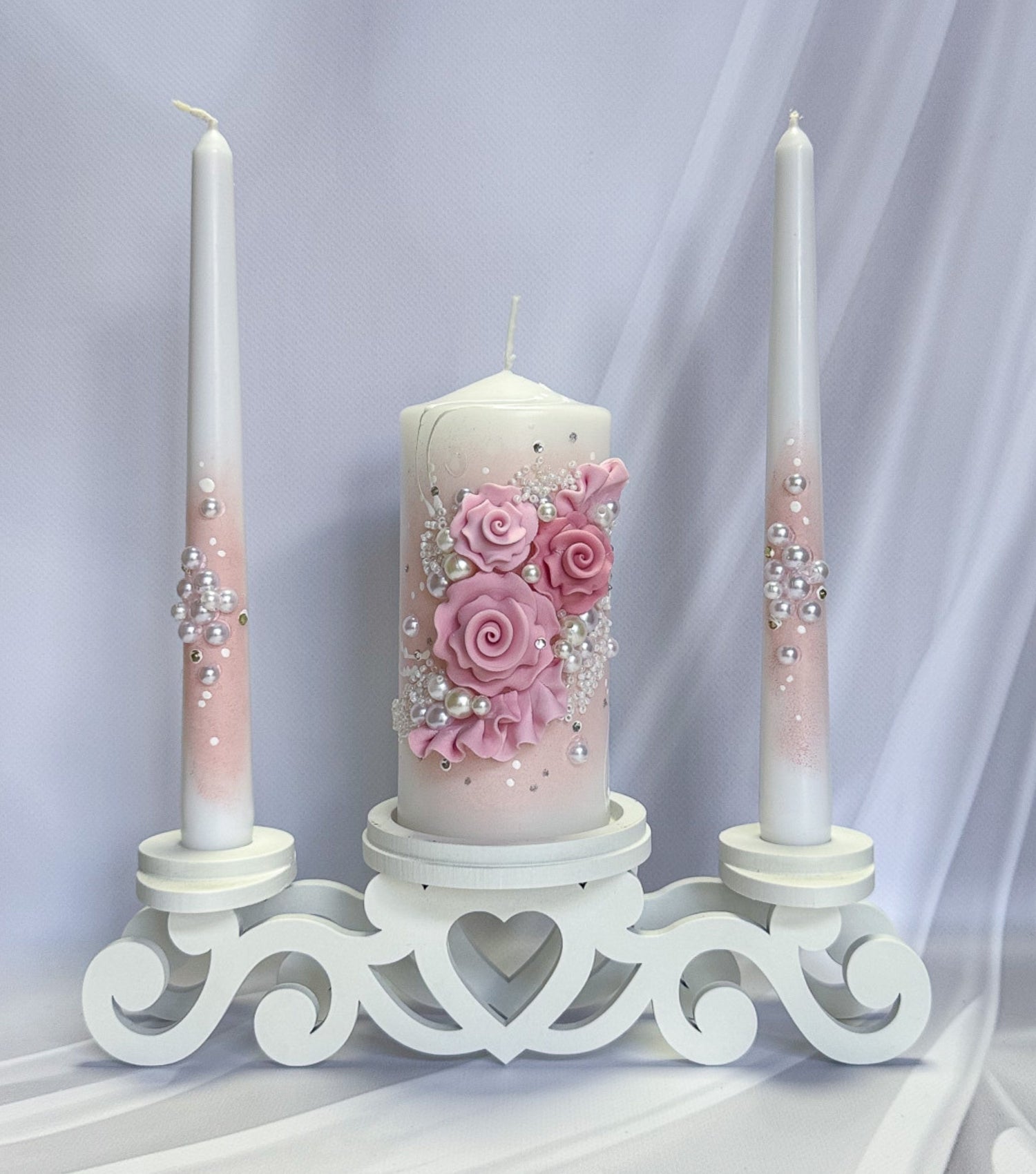 Blush Rose Pearl Wedding Candle Set with handcrafted blush roses, pearls, and white wooden taper holders