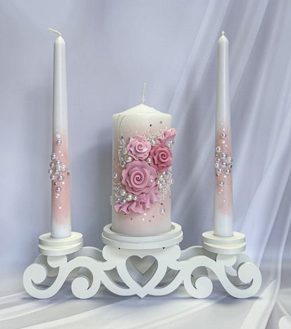 Blush Rose Pearl Wedding Candle Set with handcrafted blush roses, pearls, and white wooden taper holders