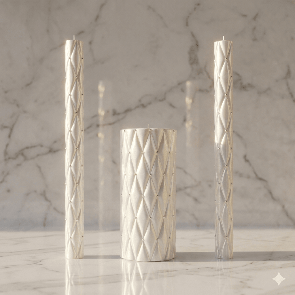 Diamond Elegance Wedding Candle Set with diamond-pattern texture and crystal accents handcrafted in unscented wax