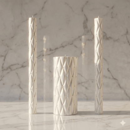 Diamond Elegance Wedding Candle Set with diamond-pattern texture and crystal accents handcrafted in unscented wax