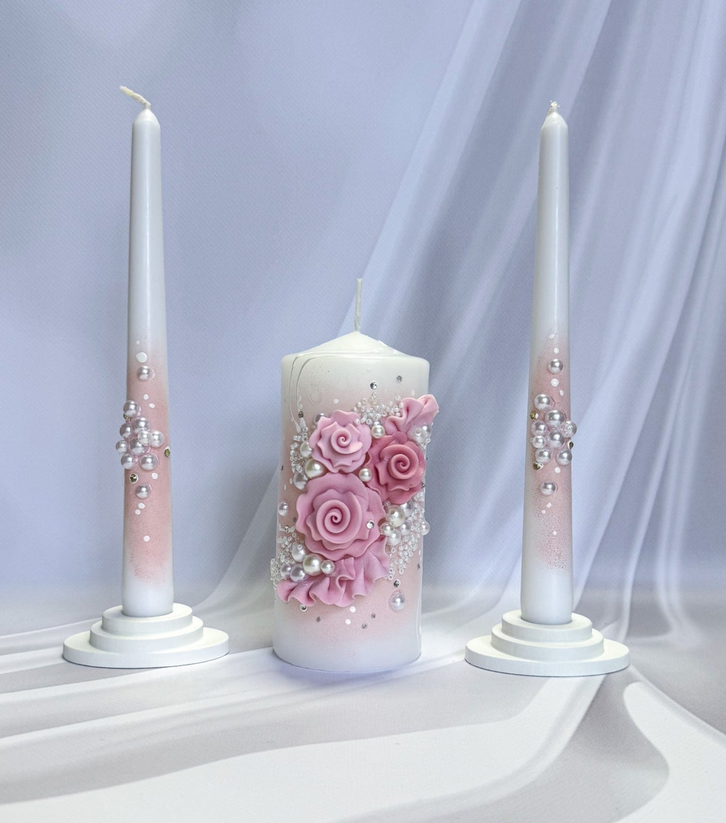 Blush Rose Pearl Wedding Candle Set with blush roses, pearl accents, and white wooden taper holders for unity ceremony