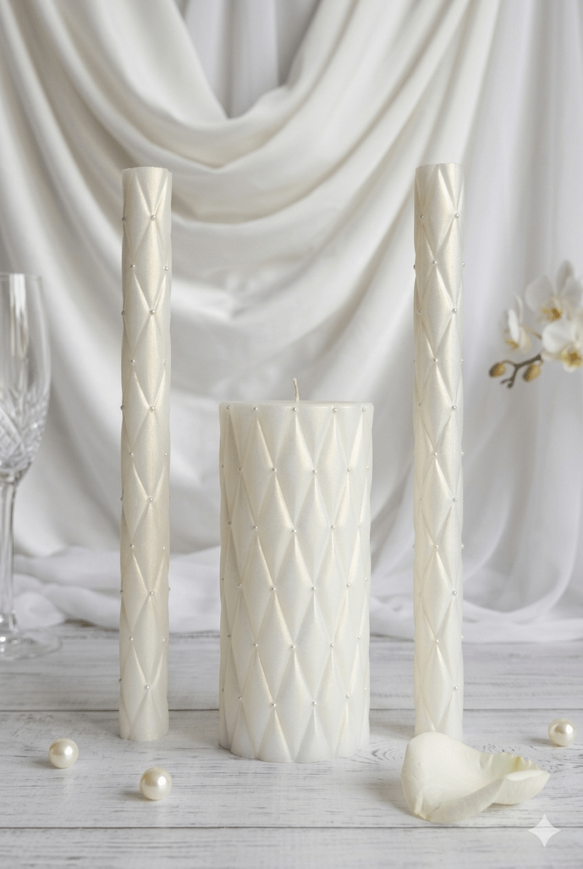 Diamond Elegance Wedding Candle Set with diamond-pattern texture and crystal accents in white unscented wax