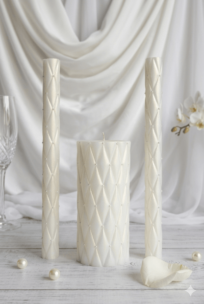 Diamond Elegance Wedding Candle Set with diamond-pattern texture and crystal accents in white unscented wax
