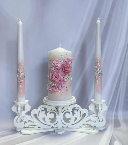 Blush Rose Pearl Wedding Candle Set with handcrafted blush roses, pearl accents, and white wooden taper holders
