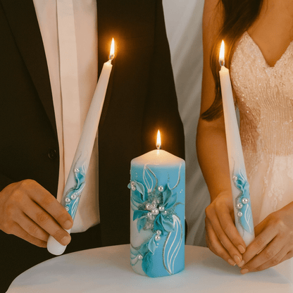 Magik Life Unity Candle Set for Wedding Ceremony – Elegant & Meaningful - White |Turquoise - Magik Life