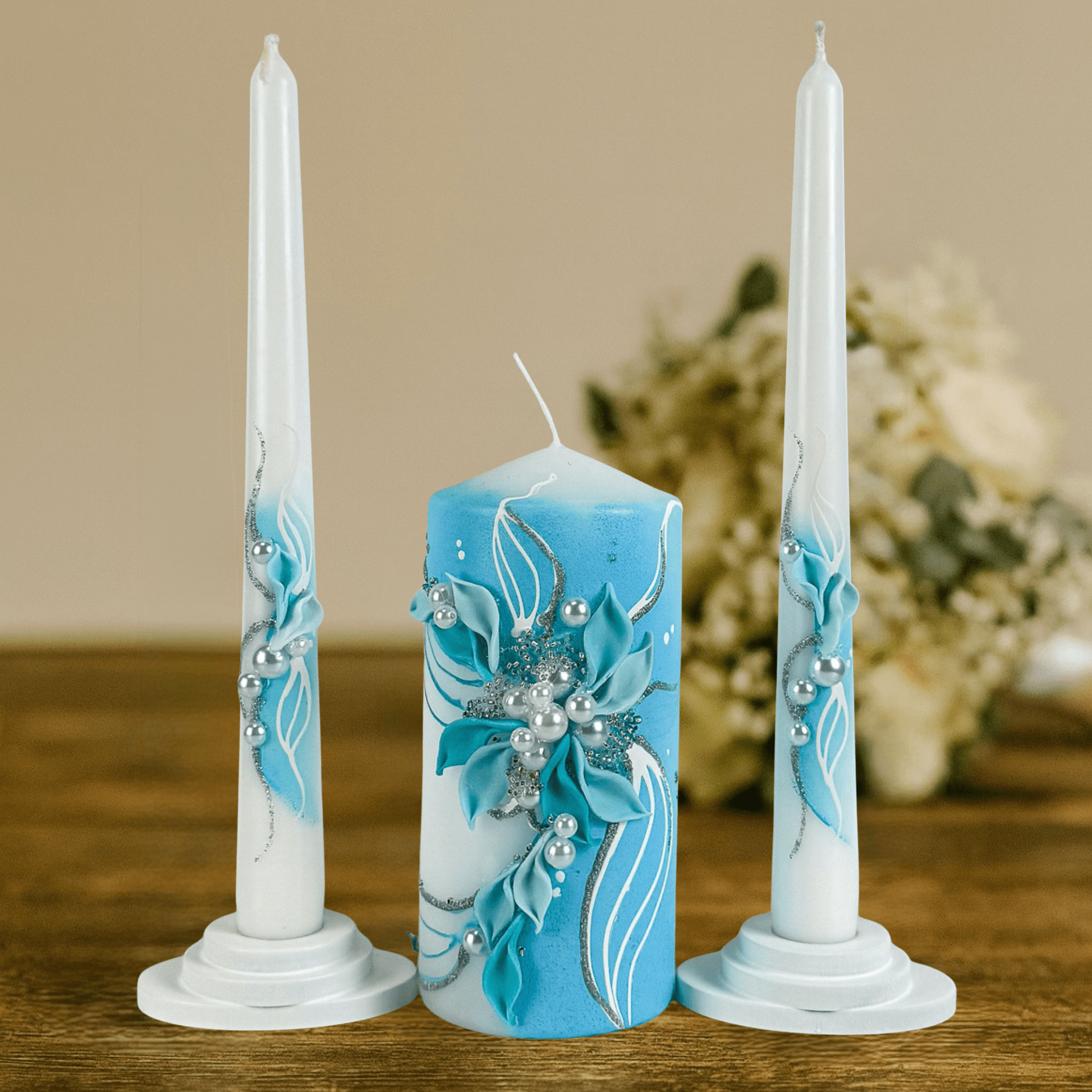 Magik Life Unity Candle Set for Wedding Ceremony – Elegant & Meaningful - White |Turquoise - Magik Life